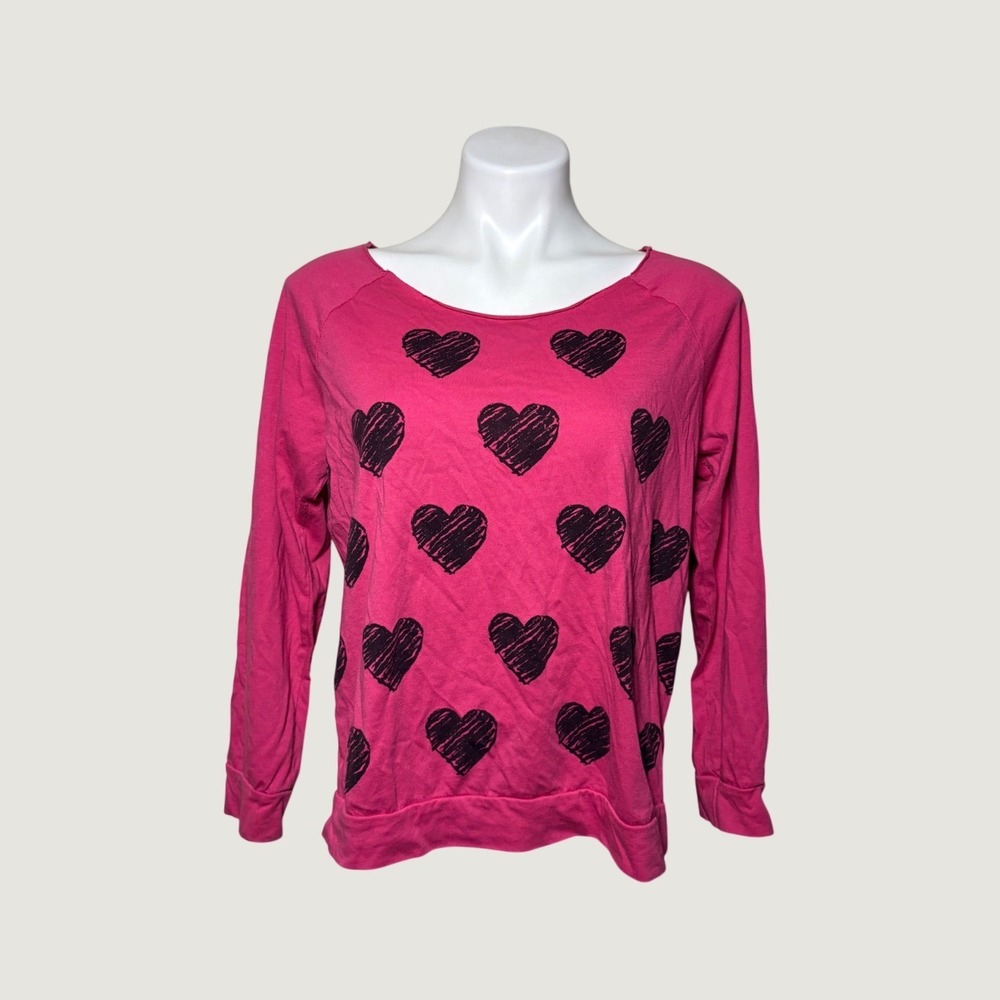 Y2K Hard Candy Pink Scene Heart Print Shredded Back Long Sleeve Top #15
